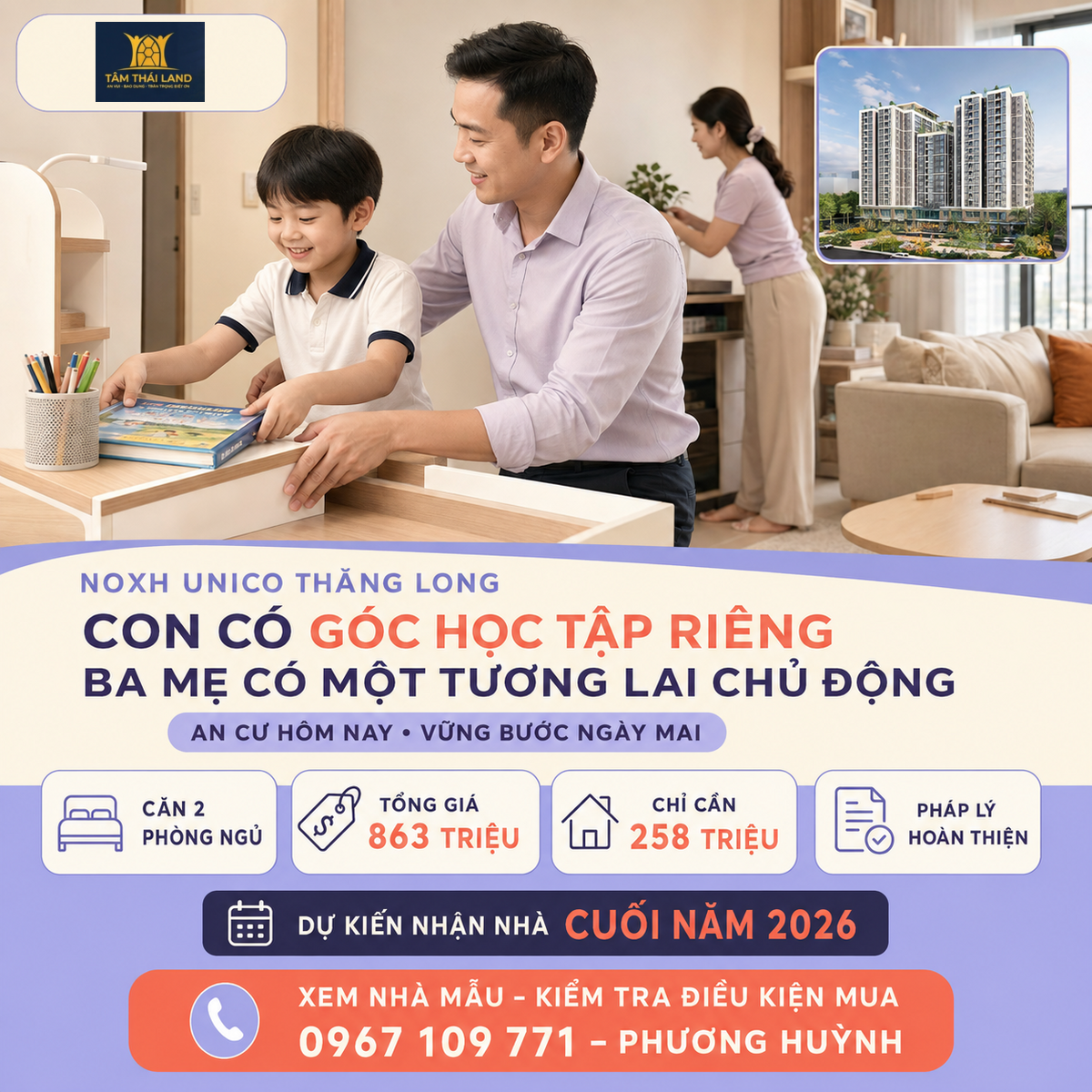 Không gian sống gia đình và góc học tập cho con tại Unico Thăng Long