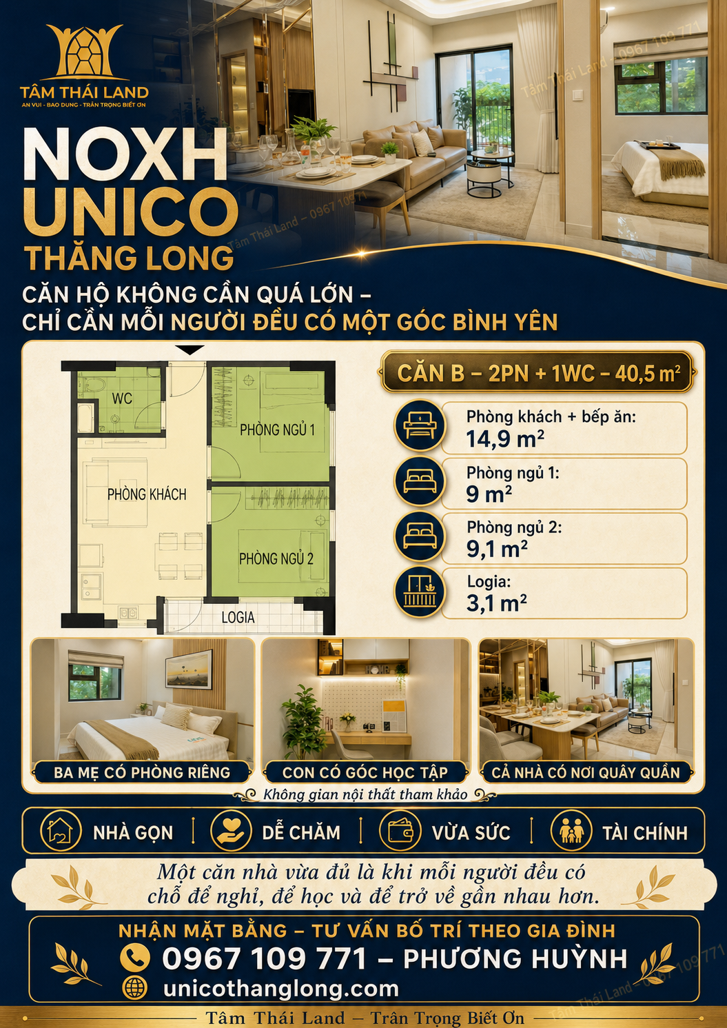 Thiết kế căn khoảng 40 mét vuông hai phòng ngủ Unico Thăng Long