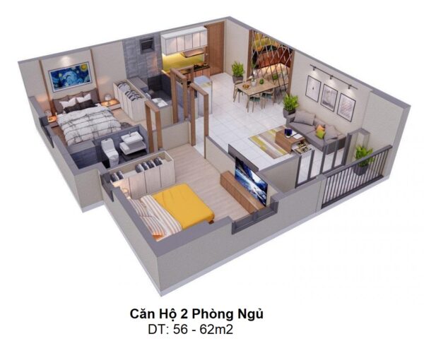 Mặt bằng căn hộ hai phòng ngủ NOXH Unico Thăng Long