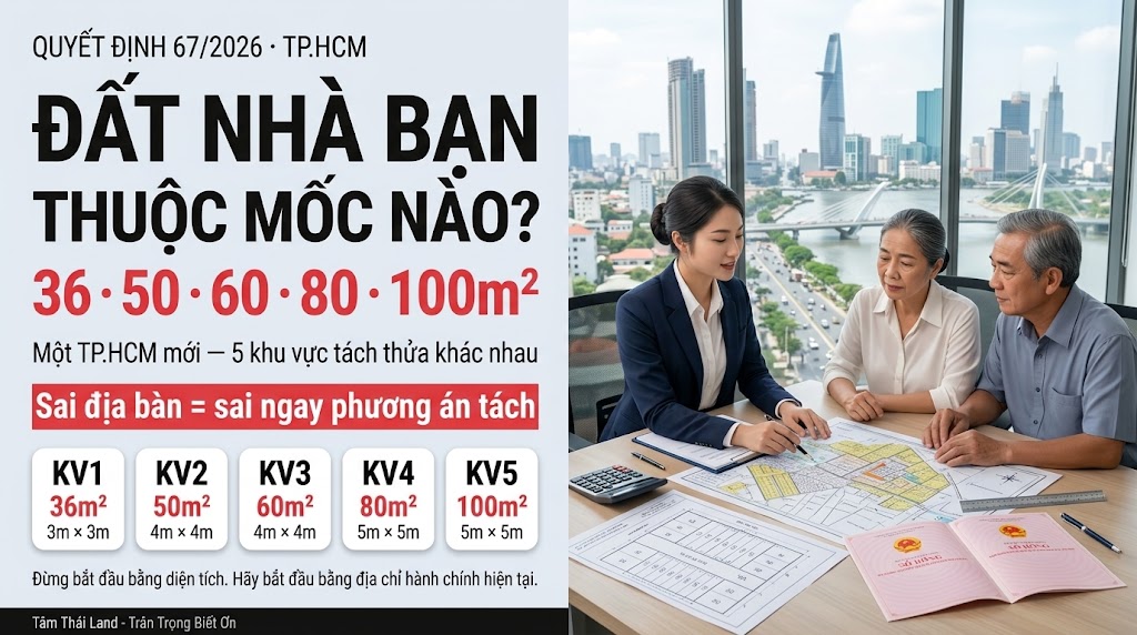 Tách thửa TP.HCM 2026 với 5 khu vực diện tích tối thiểu 36, 50, 60, 80 và 100 mét vuông