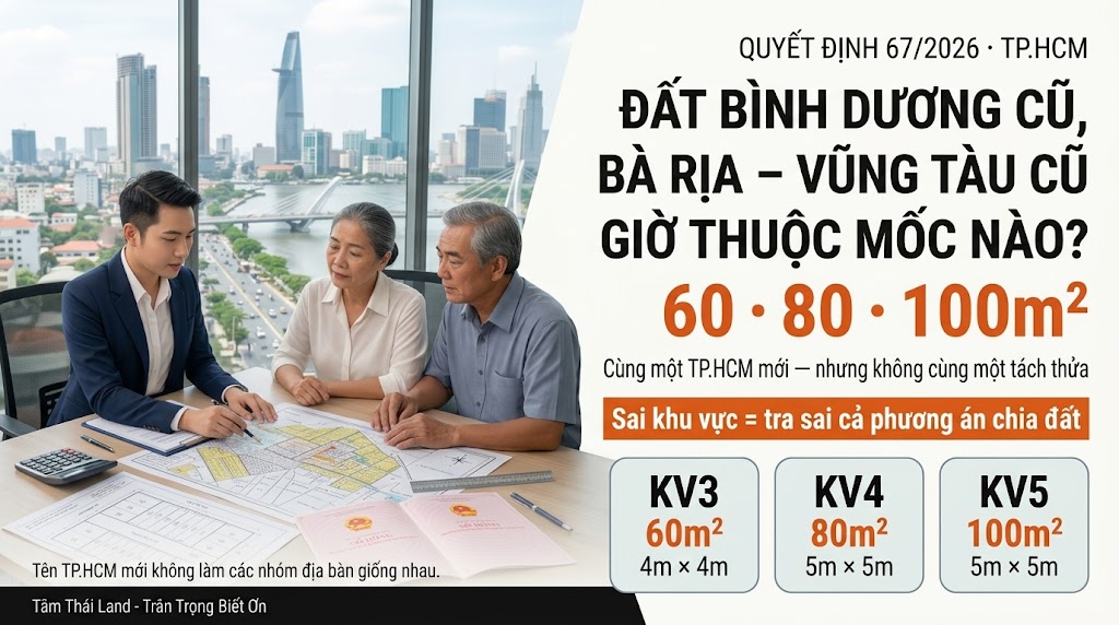 Đất Bình Dương cũ và Bà Rịa Vũng Tàu cũ giờ tách thửa theo TP.HCM 2026 với các mức 60m², 80m² và 100m²