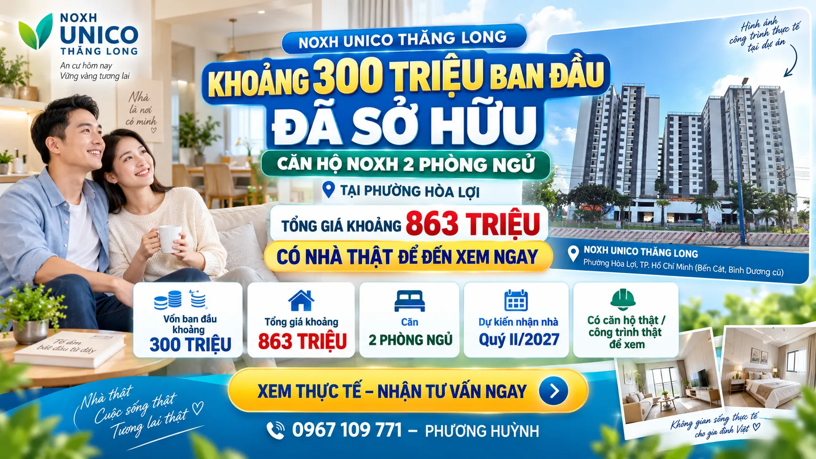 Khoảng 300 triệu ban đầu sở hữu căn hộ NOXH 2PN Hòa Lợi