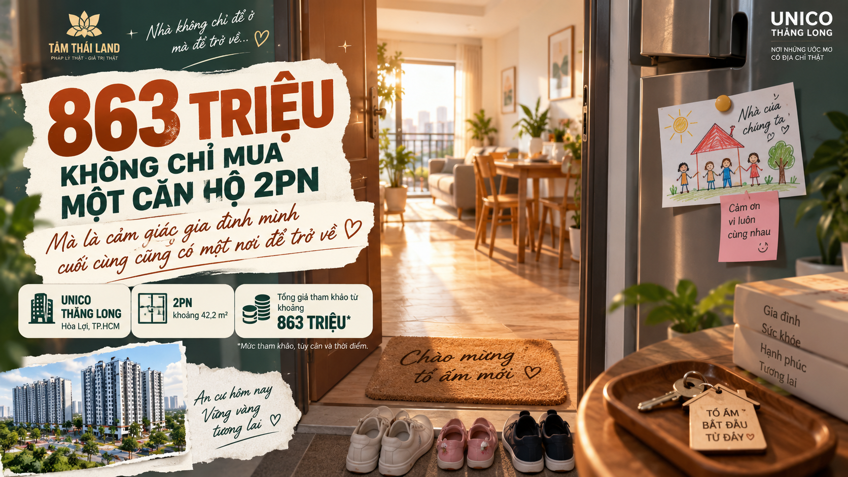 Căn hộ 2PN Unico Thăng Long khoảng 863 triệu gợi cảm giác gia đình cuối cùng có một nơi để trở về