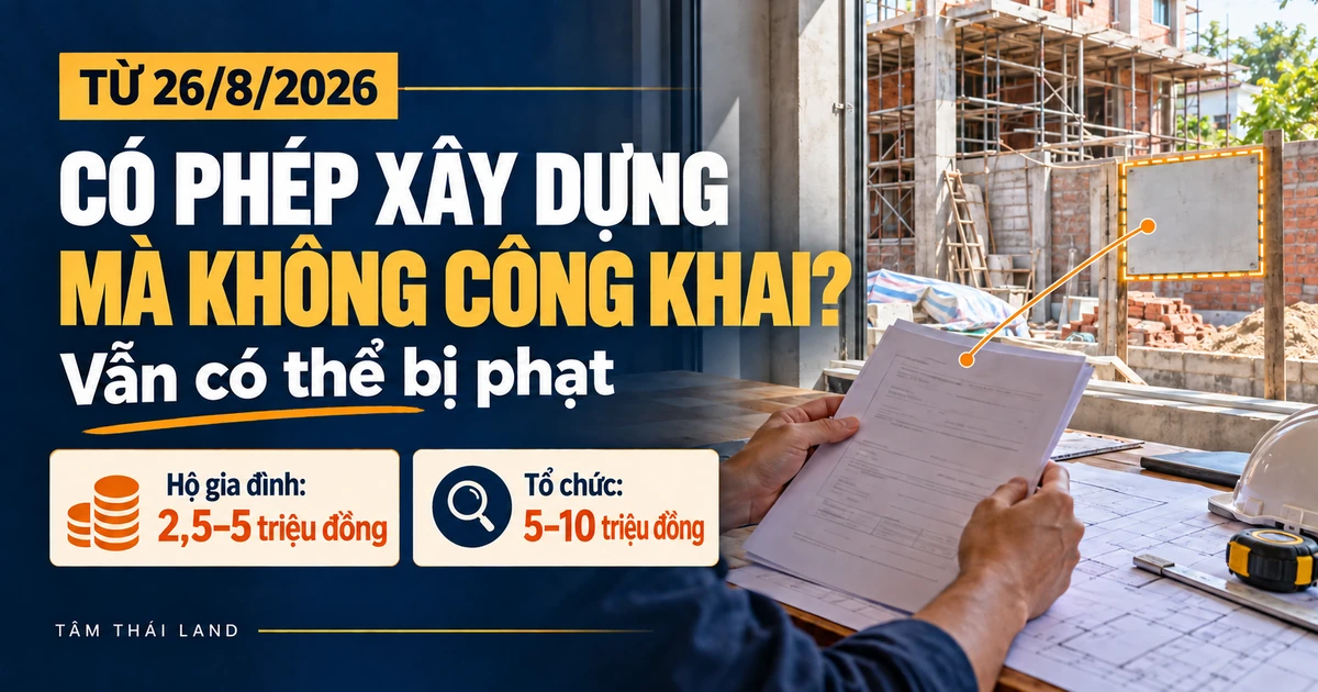 Giấy phép trên tay chủ nhà và bảng công khai trống, ảnh so sánh khung phạt hộ gia đình và tổ chức