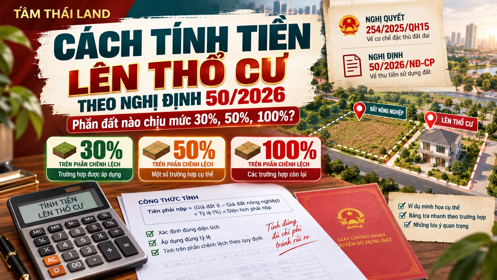 Cách tính tiền lên thổ cư theo Nghị định 50/2026 với mức 30%, 50% và 100% chênh lệch