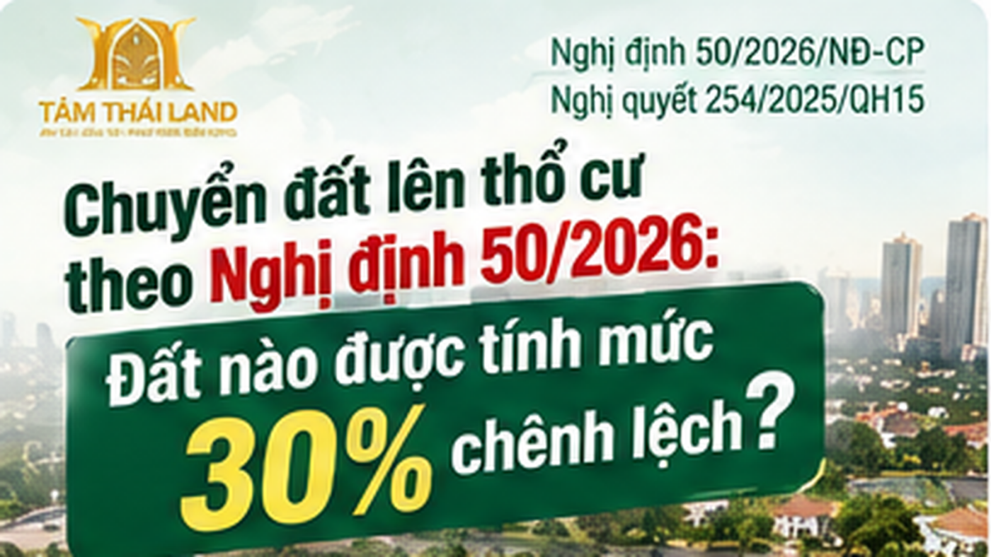Đất nào được áp dụng mức 30 phần trăm chênh lệch khi chuyển lên thổ cư theo Nghị định 50 năm 2026