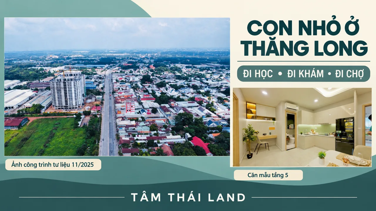 Đồ họa biên tập AI về đi học, đi khám và mua thực phẩm quanh Nhà ở xã hội Thăng Long, dựa trên ảnh tư liệu và căn mẫu.