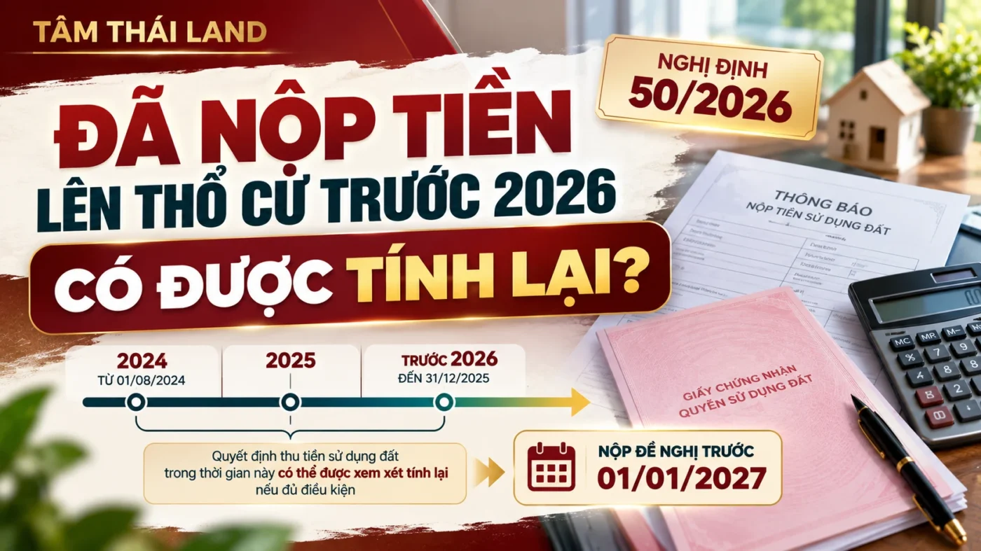 Đã nộp tiền lên thổ cư trước năm 2026 có được tính lại theo Nghị định 50/2026