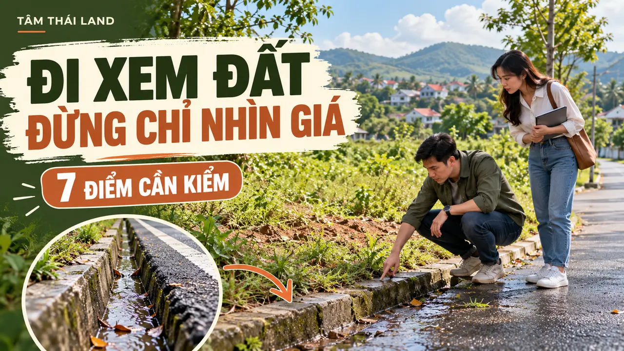 Hai người quan sát nền đất, con đường và rãnh thoát nước trước khi đặt cọc