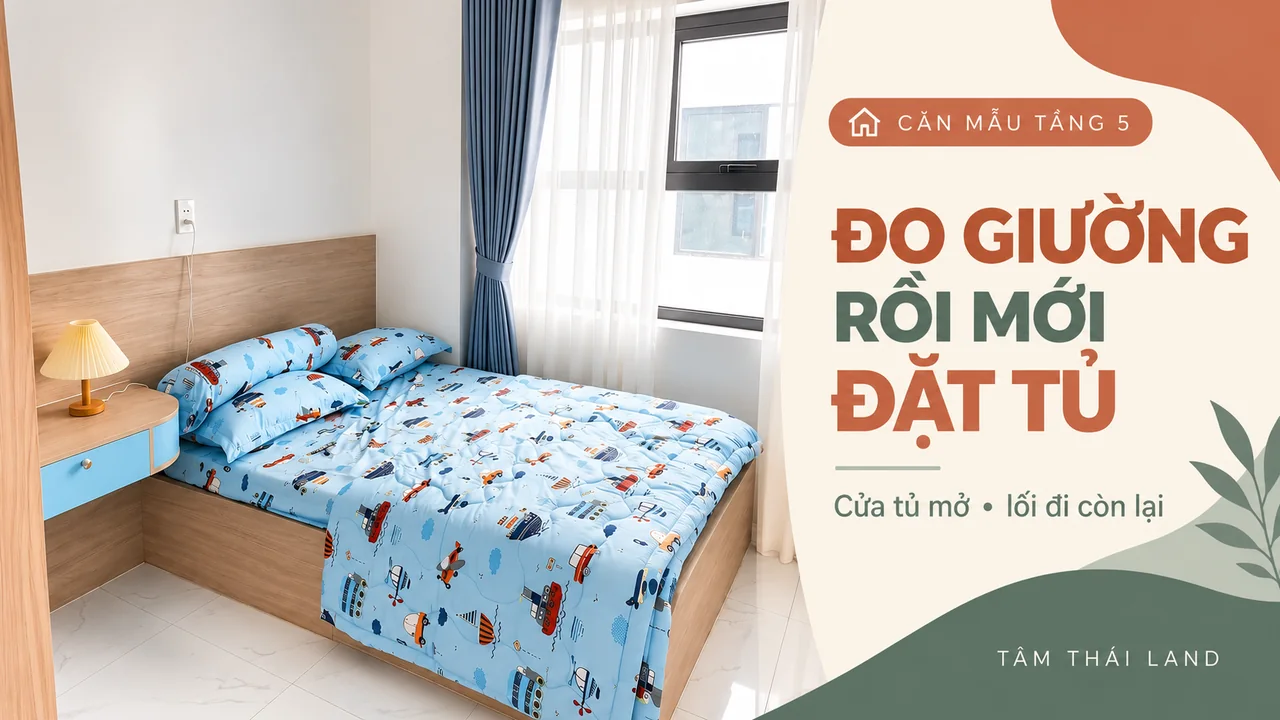Đồ họa từ ảnh căn mẫu tầng 5 Nhà ở xã hội Thăng Long nhắc đo giường, cửa tủ và lối đi.