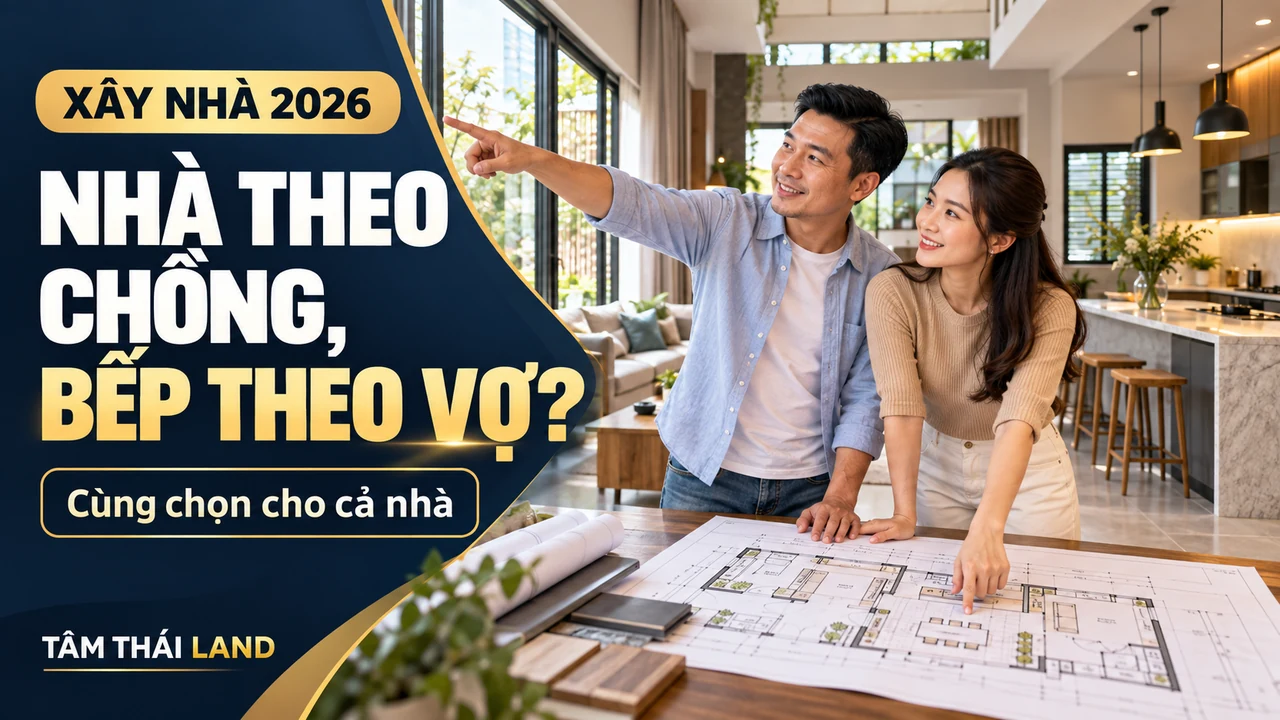 Vợ chồng cùng xem bản vẽ ngôi nhà và khu bếp trước khi quyết định hướng nhà, hướng bếp