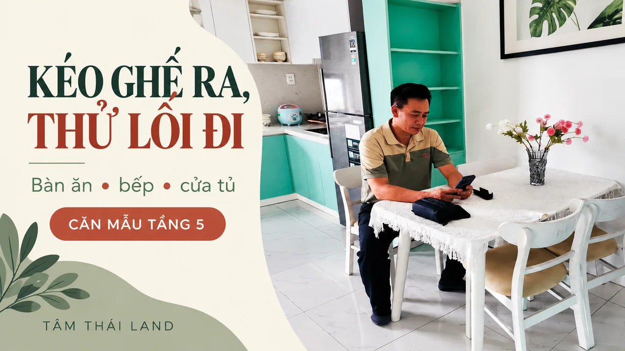 Đồ họa từ ảnh căn mẫu tầng 5 Nhà ở xã hội Thăng Long nhắc thử khoảng kéo ghế ở bàn ăn và lối qua bếp.