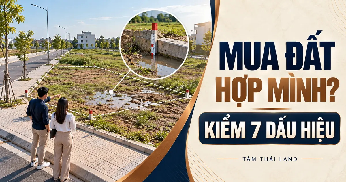 Người mua xem lô đất, ranh giới và vị trí đọng nước trong ảnh minh họa