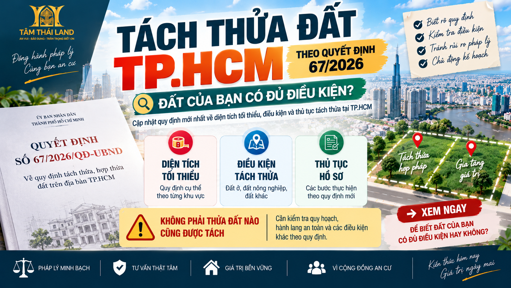 Tách thửa đất TP.HCM theo Quyết định 67 năm 2026 và điều kiện diện tích tối thiểu