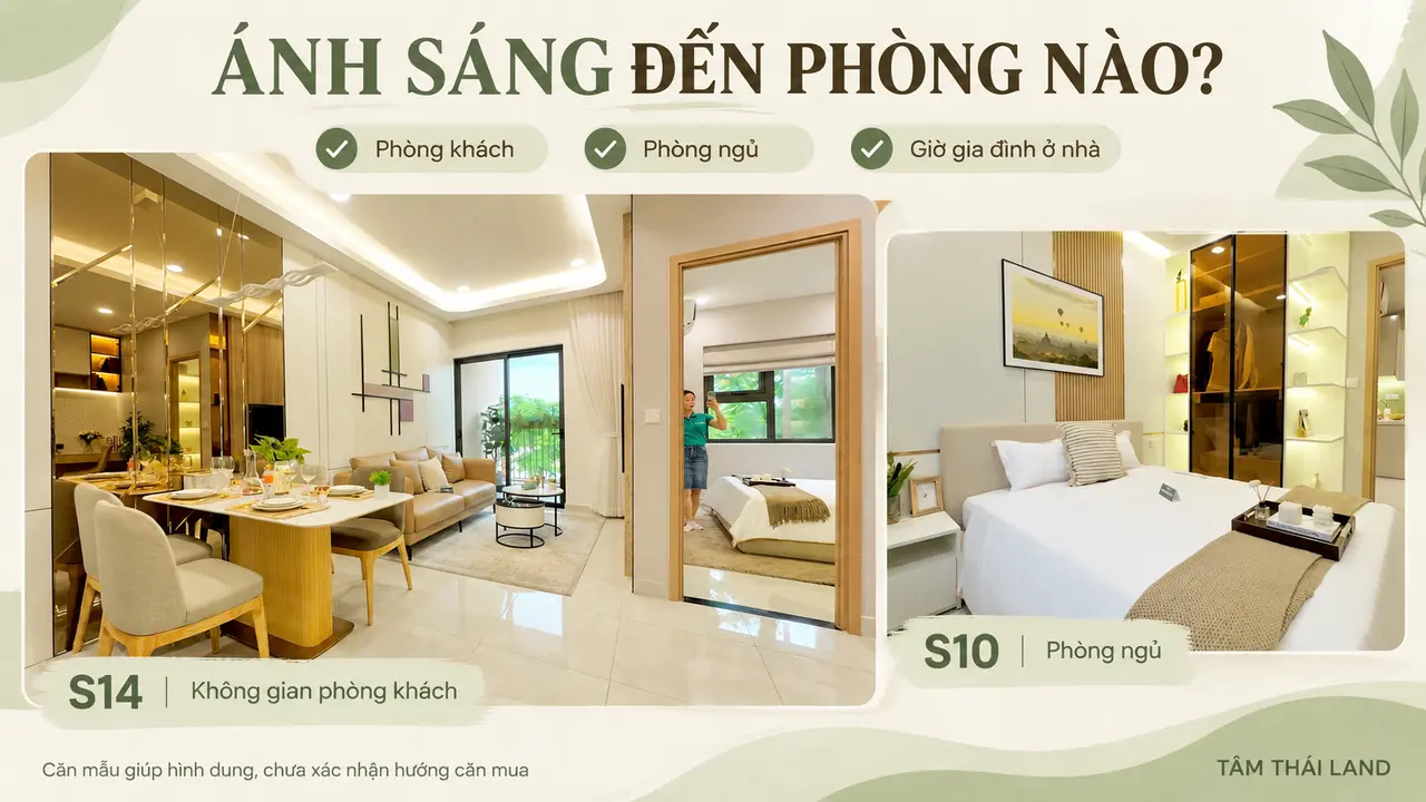Hai góc phòng khách và phòng ngủ căn mẫu tầng 5 để đặt câu hỏi ánh sáng đến phòng nào