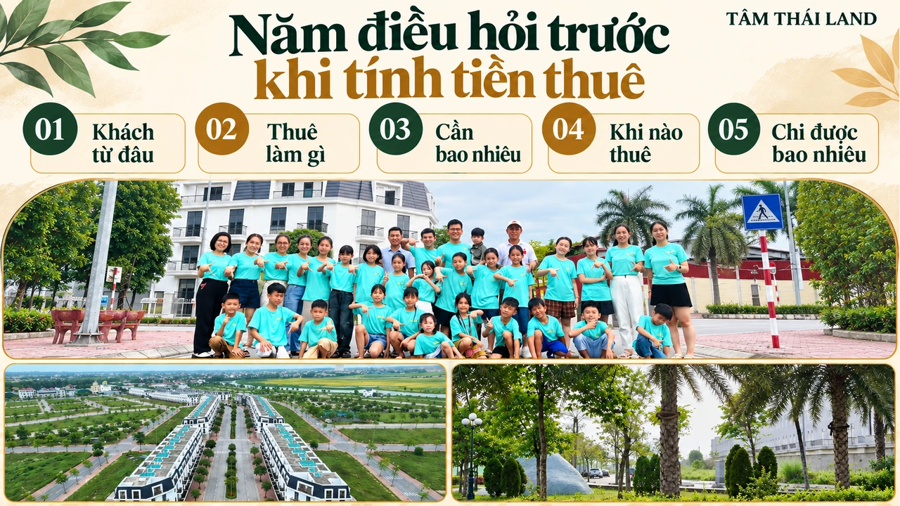 Ảnh ghép tư liệu Aquamarine với năm câu hỏi về nguồn khách, mục đích, diện tích, thời điểm và ngân sách thuê