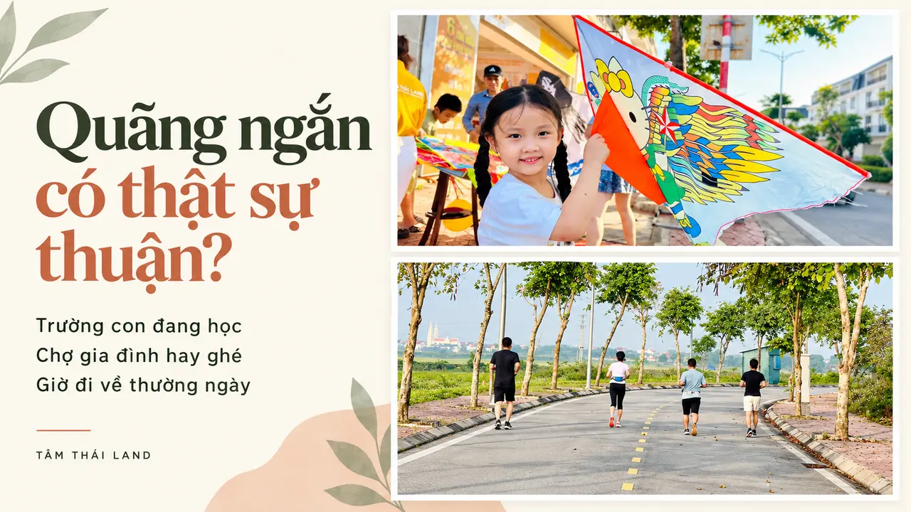 Ảnh ghép em bé cầm diều tại sự kiện và người chạy bộ trên đường, kèm ba câu hỏi về trường, chợ và giờ đi về