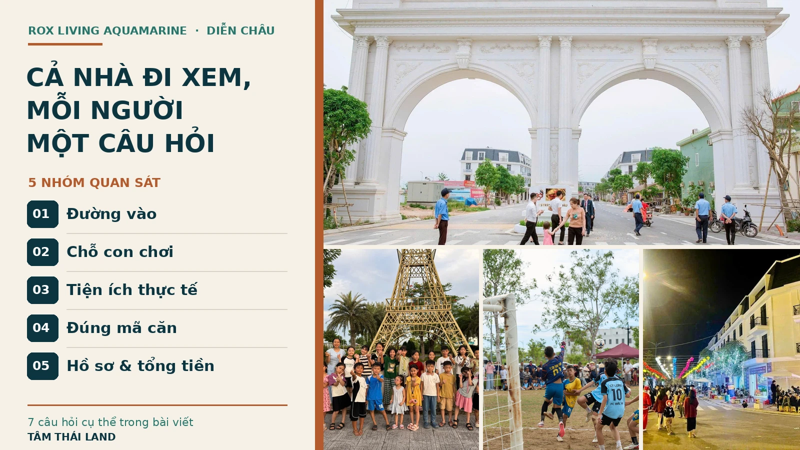 Ảnh ghép người qua cổng, nhóm trẻ, bóng đá và hoạt động buổi tối tại Aquamarine với 5 nhóm quan sát khi đi xem