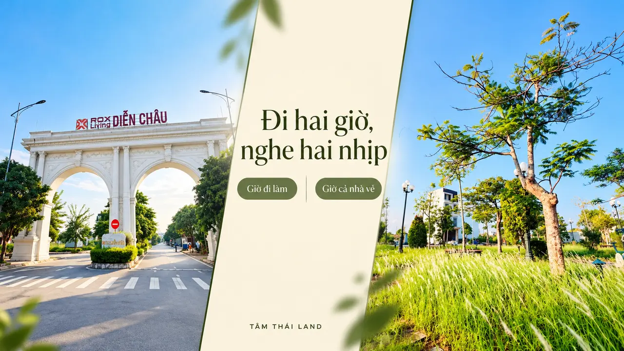 Cổng ROX Diễn Châu và khoảng cây xanh nội khu để gia đình đối chiếu đường đi