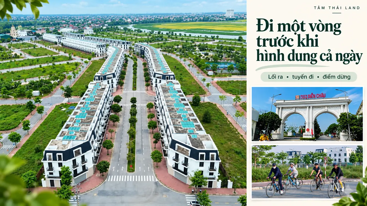 Ảnh ghép toàn cảnh trục đường, cổng ROX Living Diễn Châu và nhóm người đạp xe trong khu đô thị
