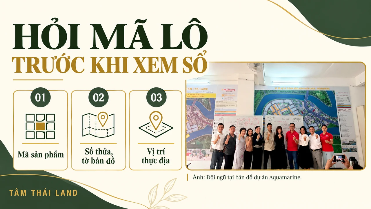 Ba bước nối mã sản phẩm, số thửa tờ bản đồ và vị trí thực địa với ảnh nhóm người trước sơ đồ Aquamarine