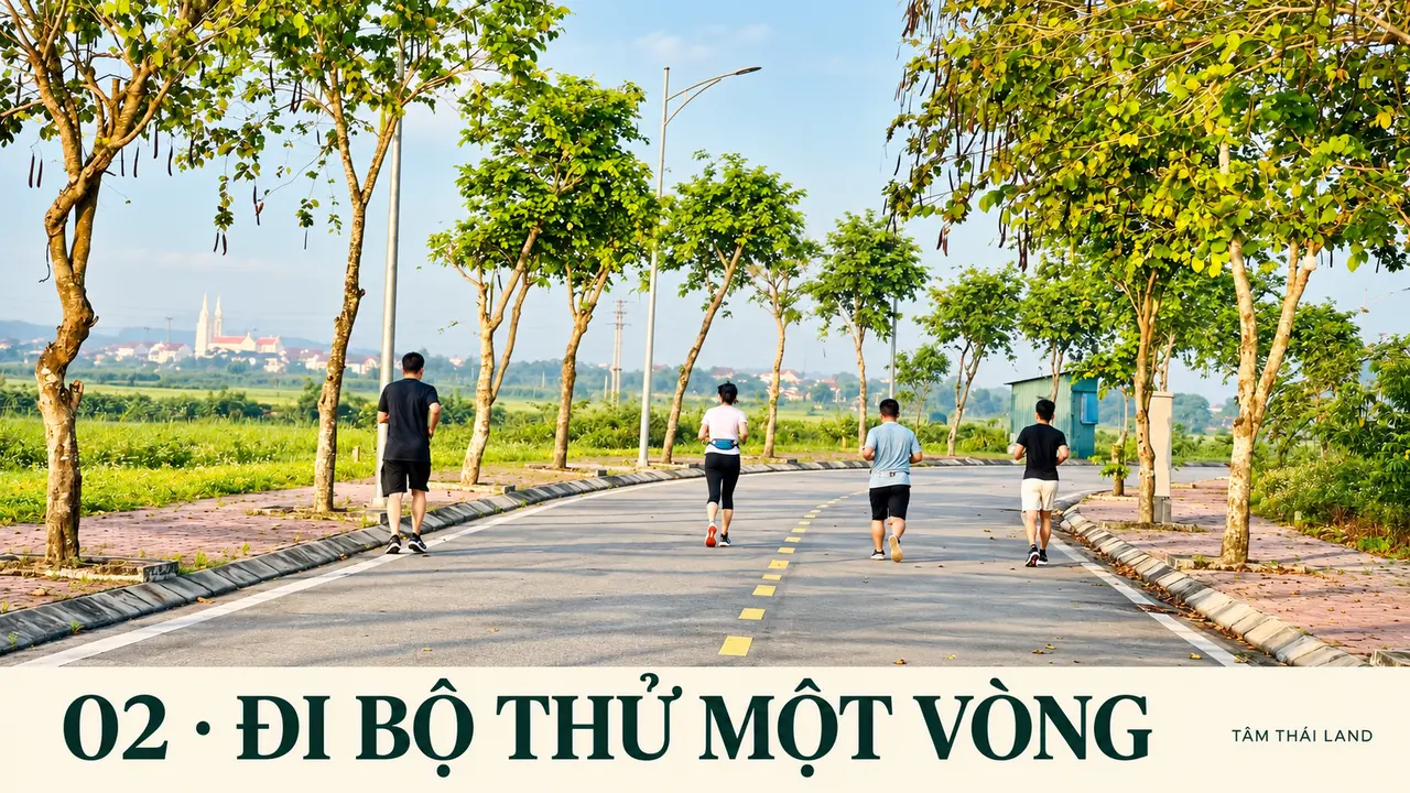 Bốn người chạy bộ trên đường nội khu nhiều cây xanh tại ROX Living Aquamarine Diễn Châu trong ảnh tư liệu.