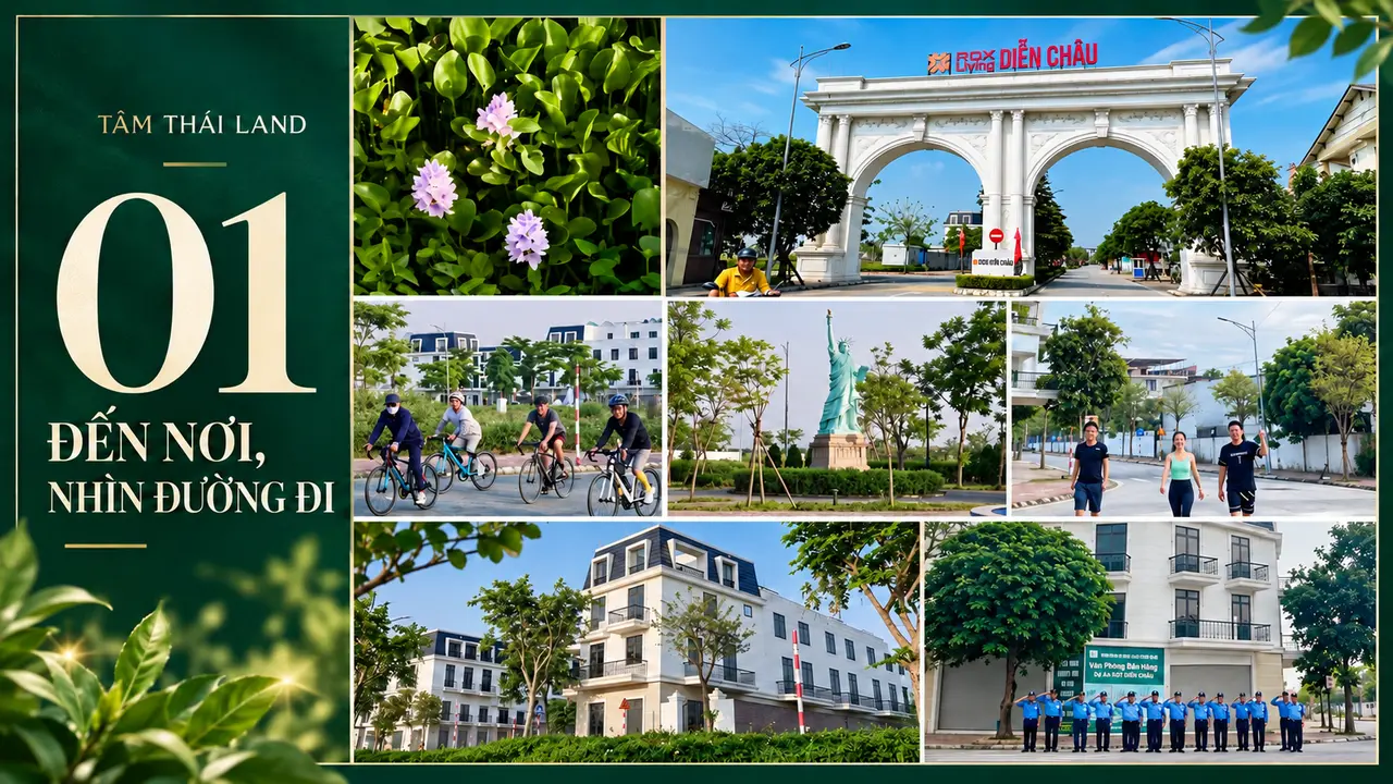 Ảnh ghép tư liệu cổng dự án, đường nội khu, người đạp xe và dãy nhà tại ROX Living Aquamarine Diễn Châu.