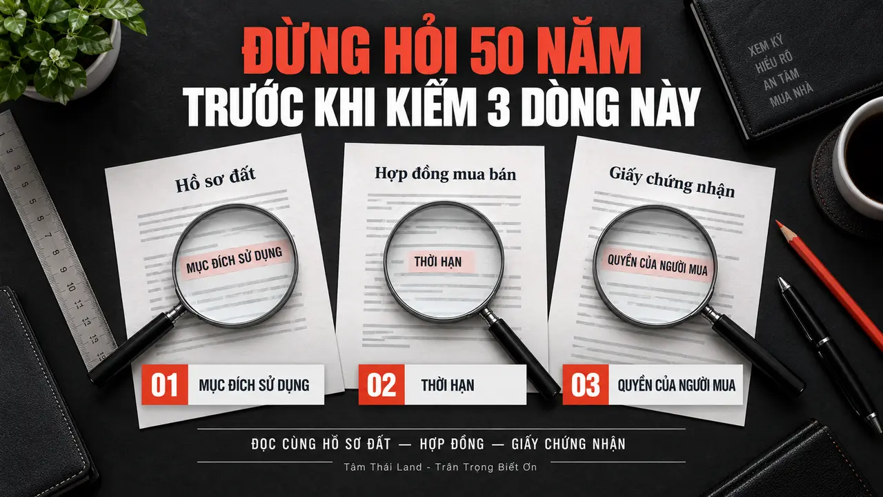 Người mua kiểm tra ba dòng về mục đích đất, thời hạn và quyền sở hữu trong hồ sơ, hợp đồng mua căn hộ.