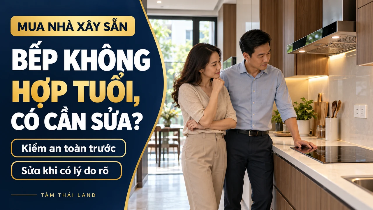 Vợ chồng xem căn bếp cố định trong nhà xây sẵn, chú ý bếp từ, máy hút mùi và lối đi