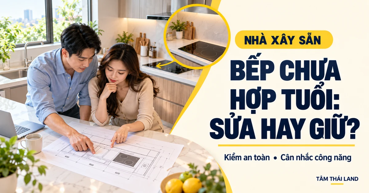 Hai vợ chồng xem sơ đồ bố trí bếp trong nhà xây sẵn