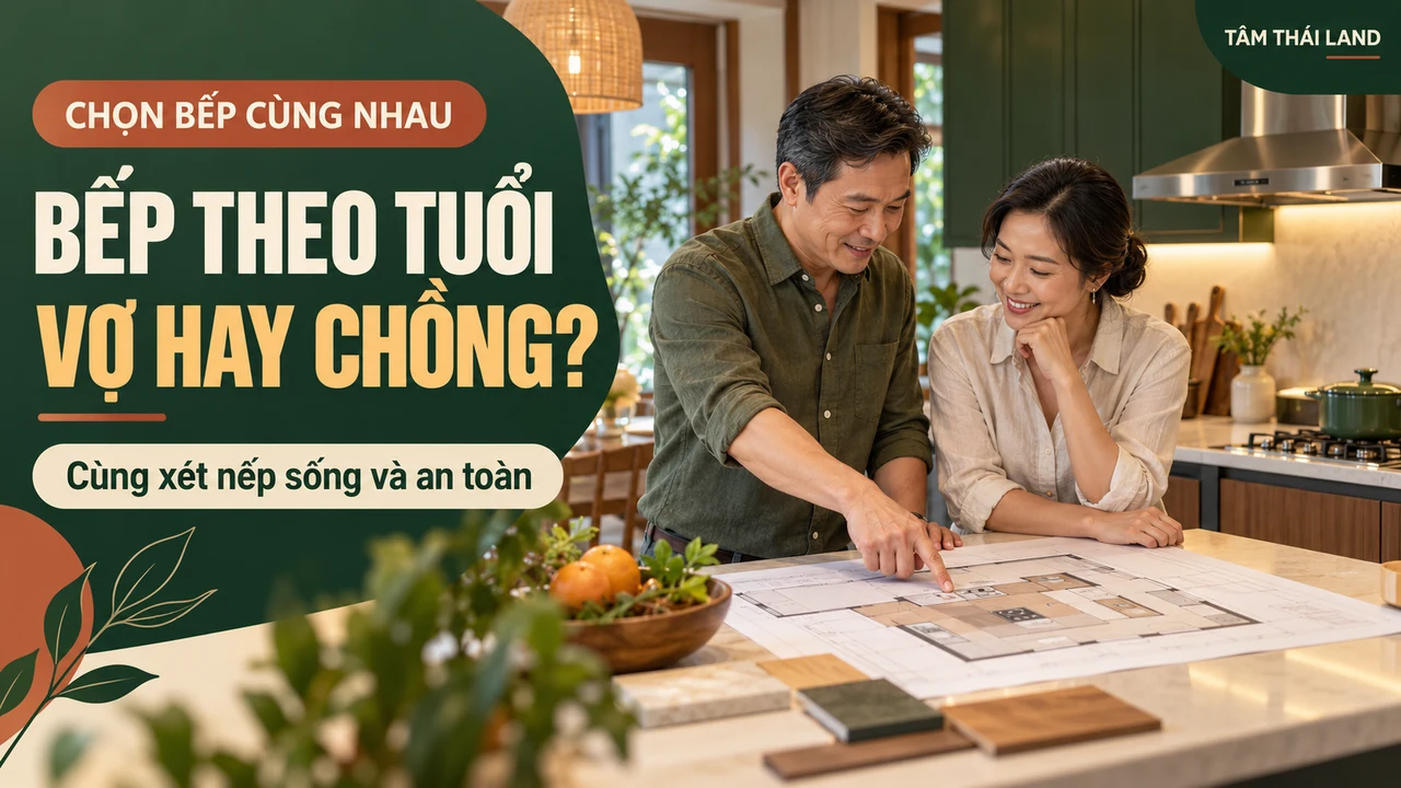 Hai vợ chồng cùng xem bản vẽ bố trí bếp trong căn nhà, ảnh minh họa câu hỏi xem hướng bếp theo tuổi ai