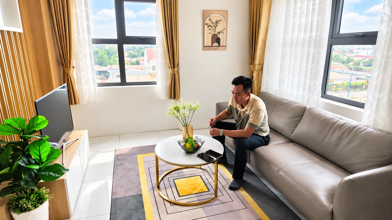 Người ngồi tại sofa phòng khách căn mẫu, phía trước là bàn trà và cửa sổ.