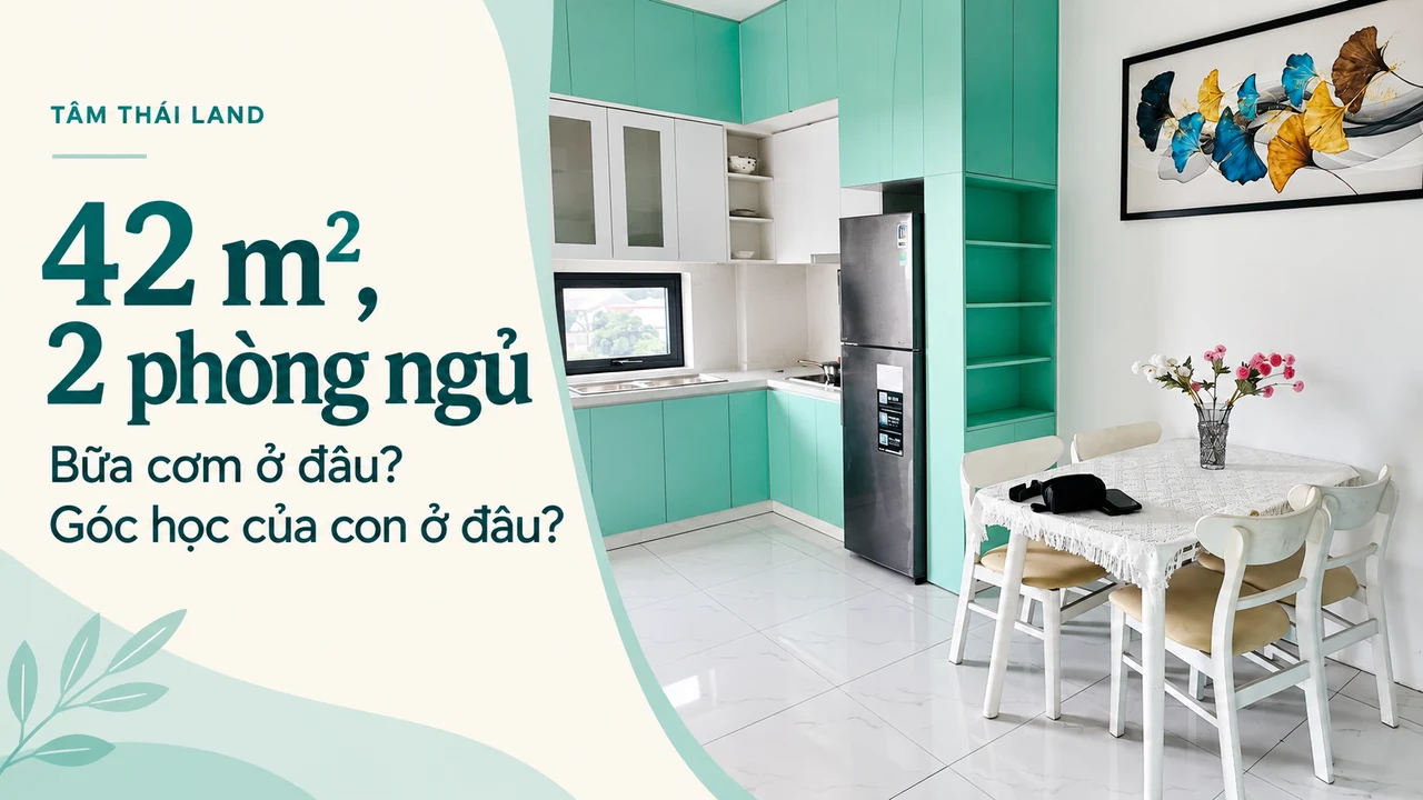 Góc bếp và bàn ăn trong căn mẫu 2PN Nhà ở xã hội Thăng Long, ảnh biên tập về sinh hoạt gia đình ba người.
