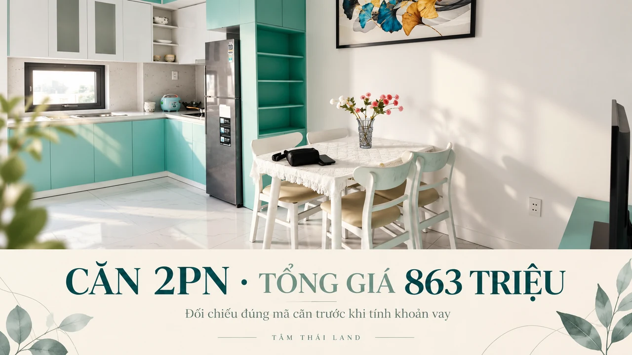 Góc bếp, bàn ăn căn mẫu Nhà ở xã hội Thăng Long với dòng chữ tổng giá căn 2PN 863 triệu