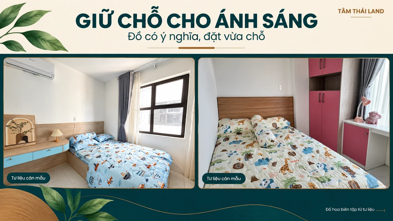 Hai khung phòng ngủ căn mẫu Thăng Long với cửa sổ, giường và tủ, gợi ý đặt đồ vừa chỗ và giữ khoảng sáng.