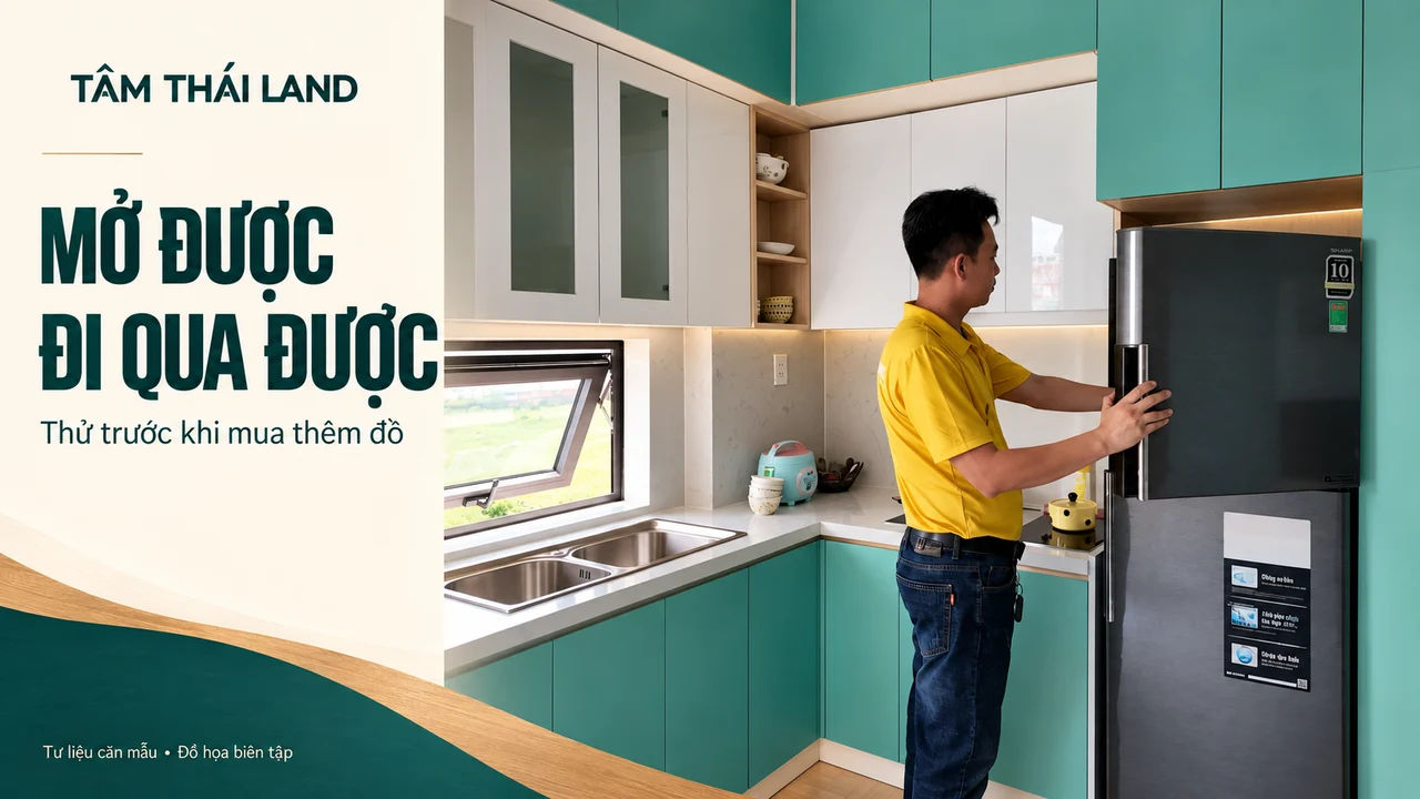 Người kiểm tủ lạnh trong góc bếp căn mẫu Thăng Long, được biên tập với lời nhắc thử mở đồ và giữ lối đi.