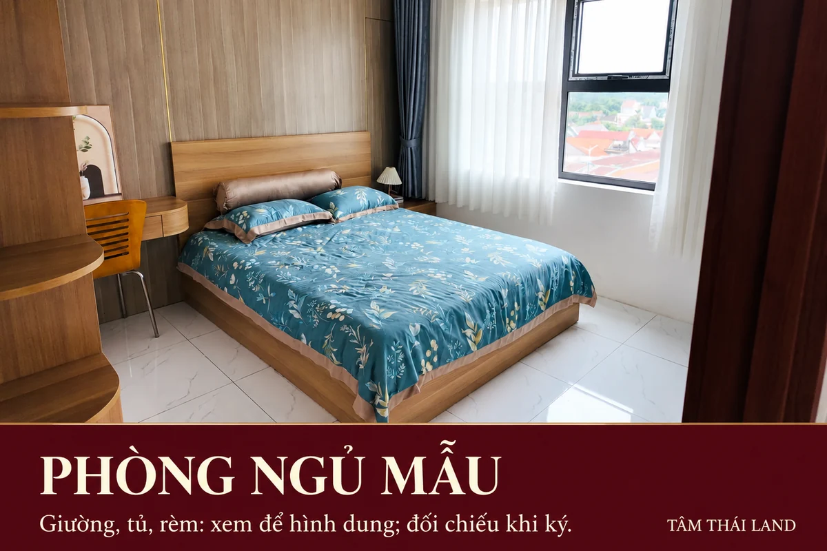 Phòng ngủ với giường, rèm và cửa sổ trong căn mẫu tầng 5 Nhà ở xã hội Thăng Long.