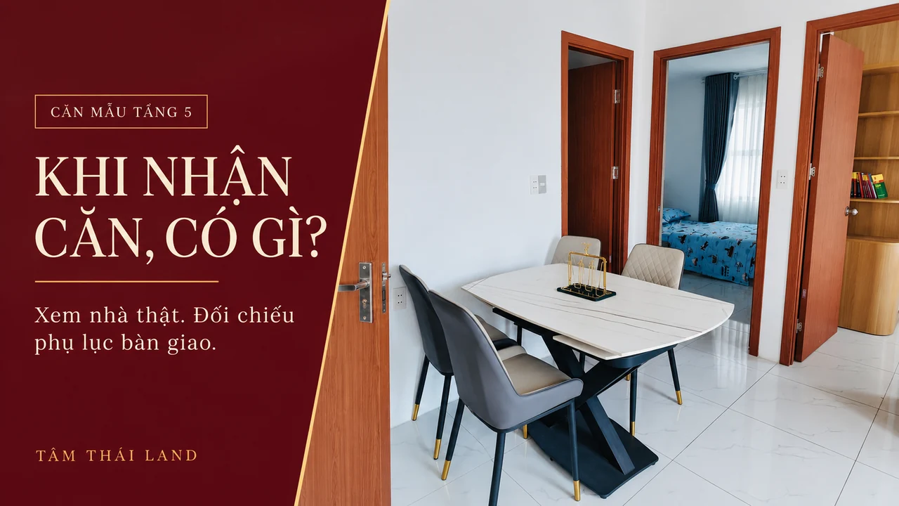 Ảnh thiết kế từ góc bàn ăn và cửa phòng trong căn mẫu tầng 5 Nhà ở xã hội Thăng Long, đặt câu hỏi về tiêu chuẩn bàn giao.