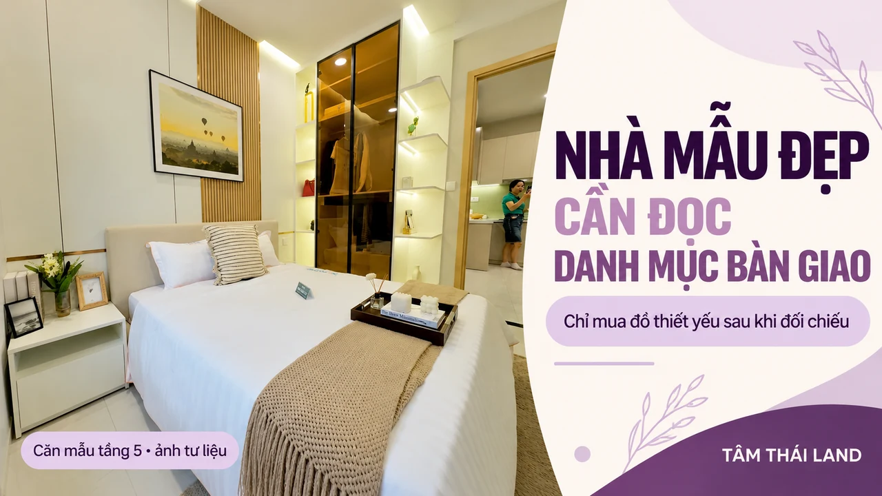 Đồ họa biên tập từ ảnh tư liệu căn mẫu tầng 5 Nhà ở xã hội Thăng Long, nhắc người mua đọc danh mục bàn giao trước khi mua nội thất.