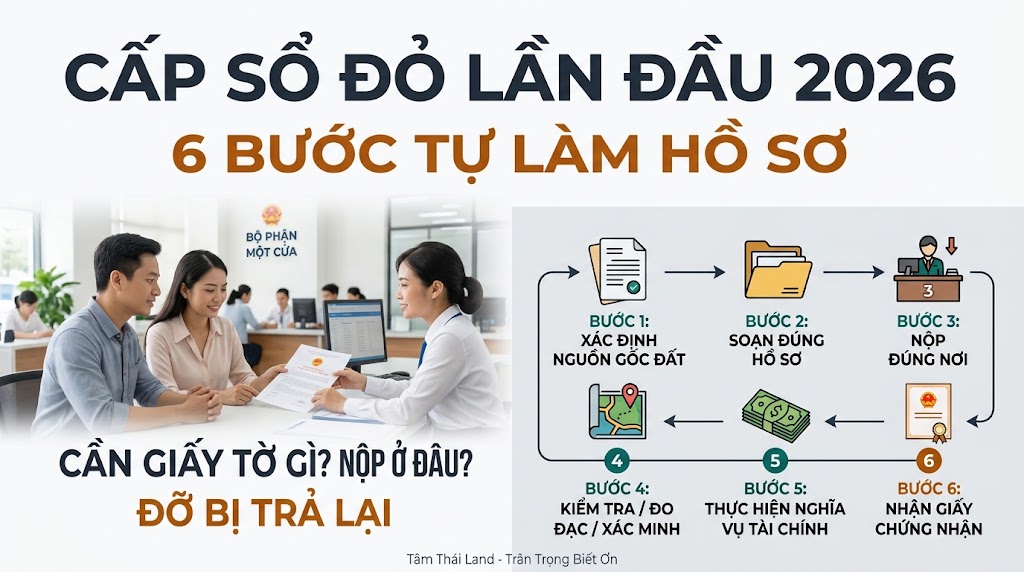 Hướng dẫn cấp sổ đỏ lần đầu năm 2026 với 6 bước tự làm hồ sơ, chuẩn bị giấy tờ và nơi nộp hồ sơ