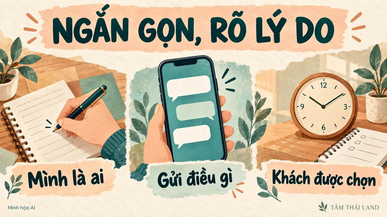 Minh họa AI sổ ghi chép, điện thoại và đồng hồ với ba ý Mình là ai, Gửi điều gì, Khách được chọn