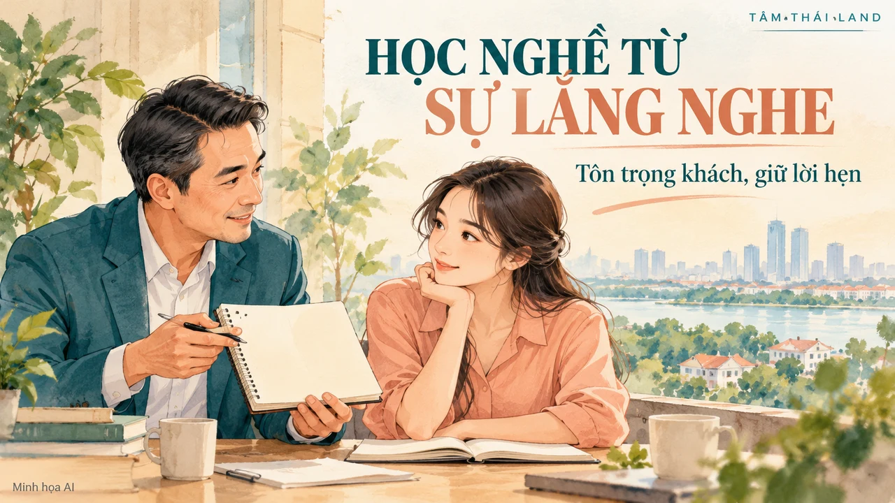 Minh họa AI hai người trao đổi bên sổ ghi chép với thông điệp Học nghề từ sự lắng nghe