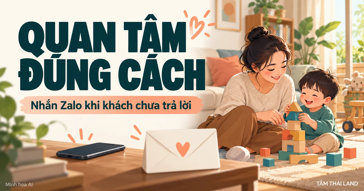 Minh họa AI người mẹ chơi cùng con, điện thoại đặt bên cạnh và chữ Quan tâm đúng cách