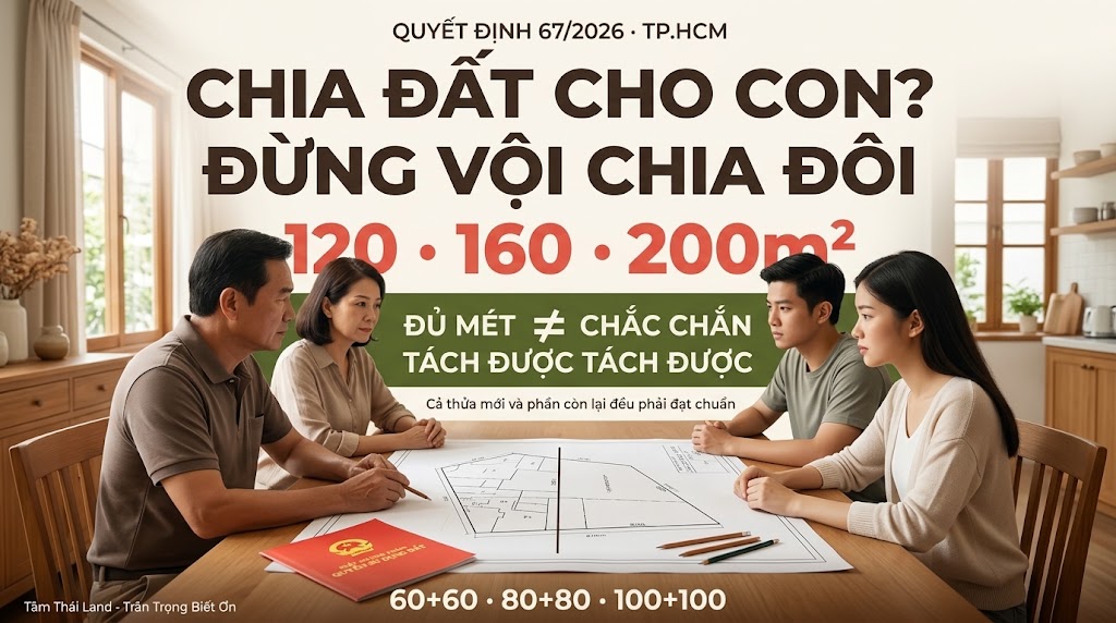 Gia đình chia đất cho con tại TP.HCM 2026 với các mốc 120m², 160m² và 200m² theo Quyết định 67