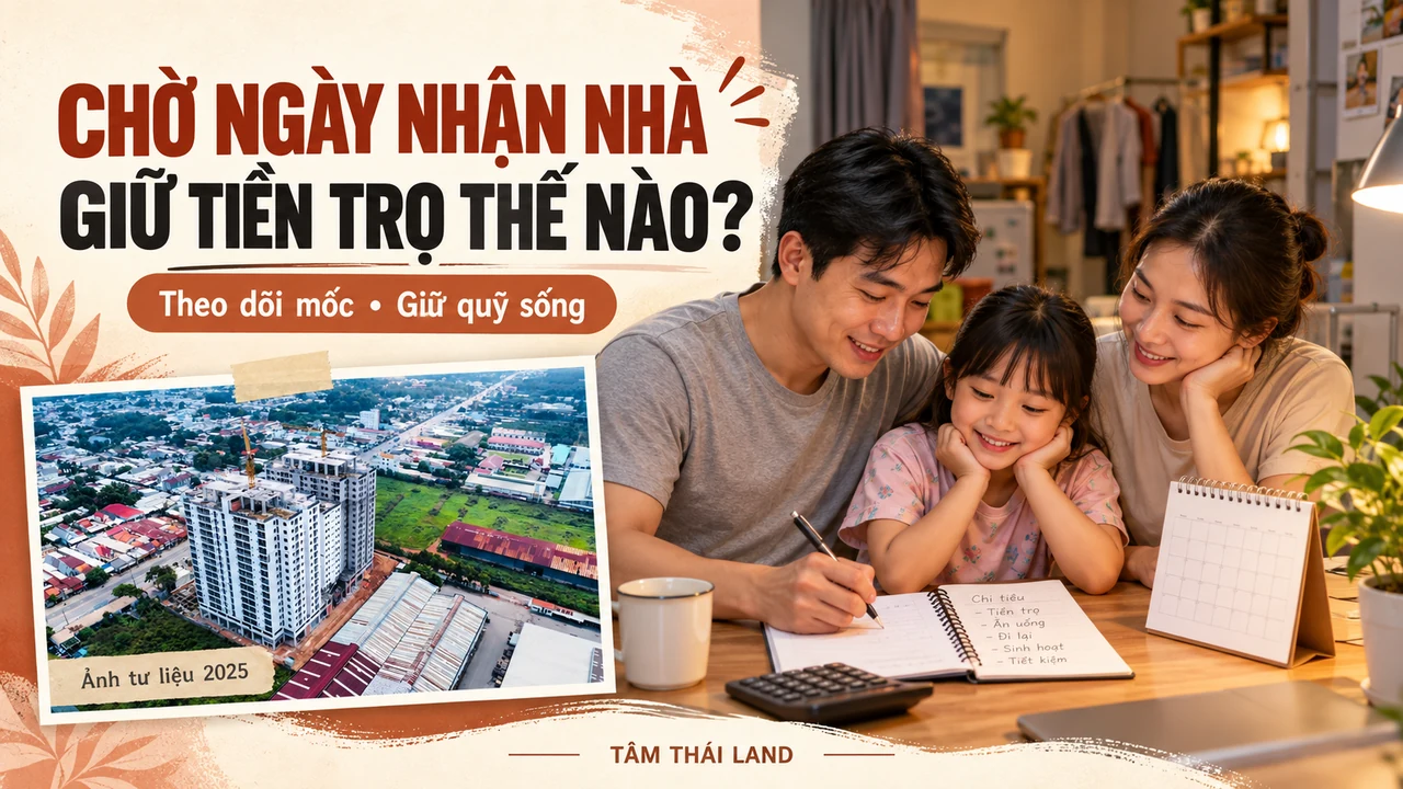 Đồ họa biên tập gia đình thuê trọ lập quỹ sống, kèm ảnh tư liệu Nhà ở xã hội Thăng Long năm 2025; chưa xác nhận ngày bàn giao.