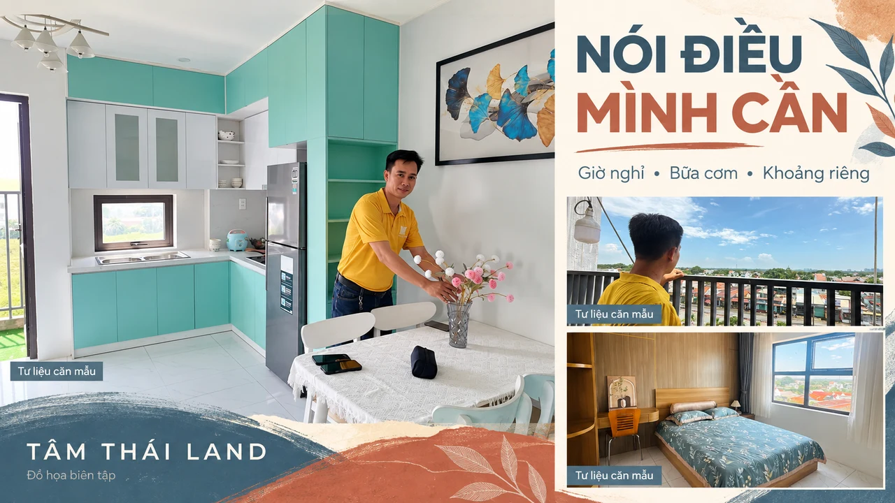 Góc bếp và bàn ăn căn mẫu Thăng Long trong đồ họa nhắc nói rõ nhu cầu về giờ nghỉ, bữa cơm và khoảng riêng.