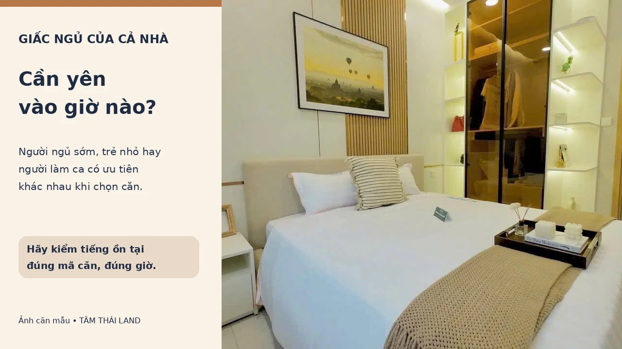 Phòng ngủ căn mẫu Nhà ở xã hội Thăng Long với lời nhắc kiểm tiếng ồn theo giờ sinh hoạt gia đình.