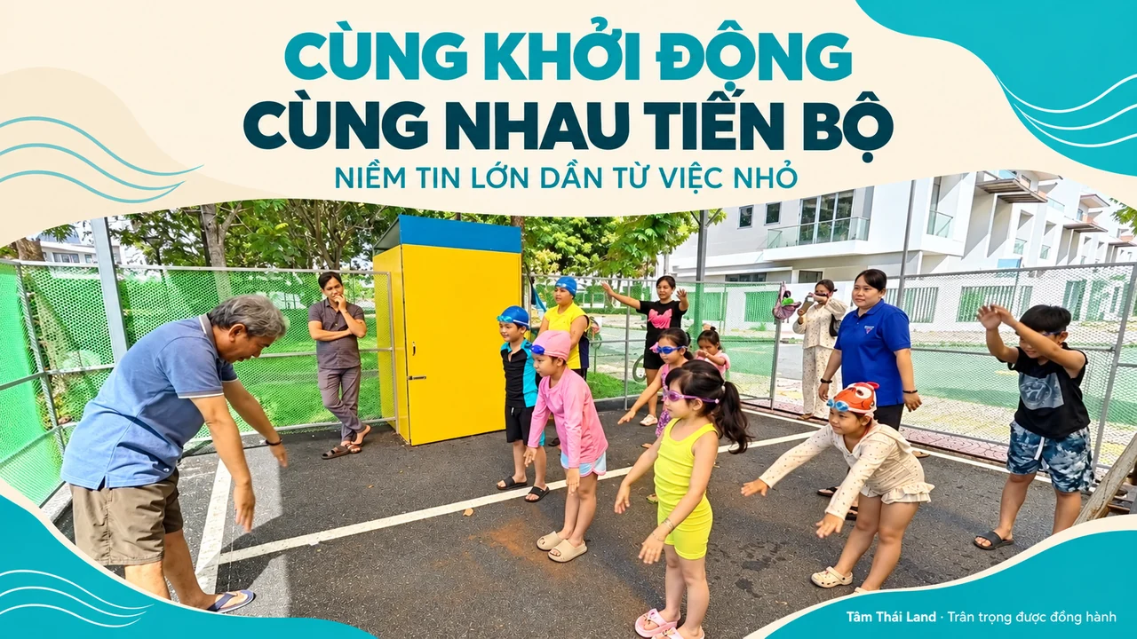 Nhóm trẻ cùng tập khởi động theo người hướng dẫn bên khu vực bể bơi