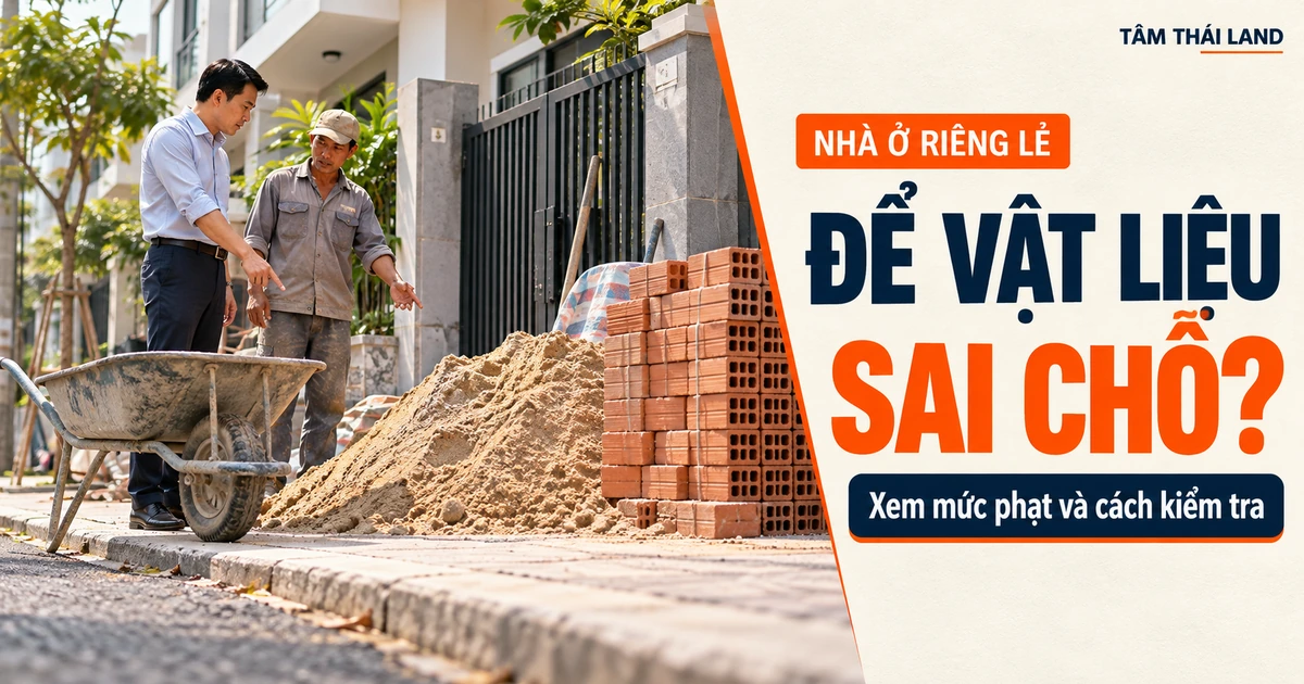 Minh họa chủ nhà và thợ xem vị trí tập kết cát, gạch bên công trình nhà ở riêng lẻ