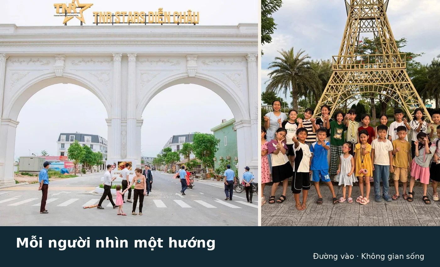 Người qua cổng và nhóm trẻ tại Aquamarine Diễn Châu, hai khoảnh khắc tư liệu